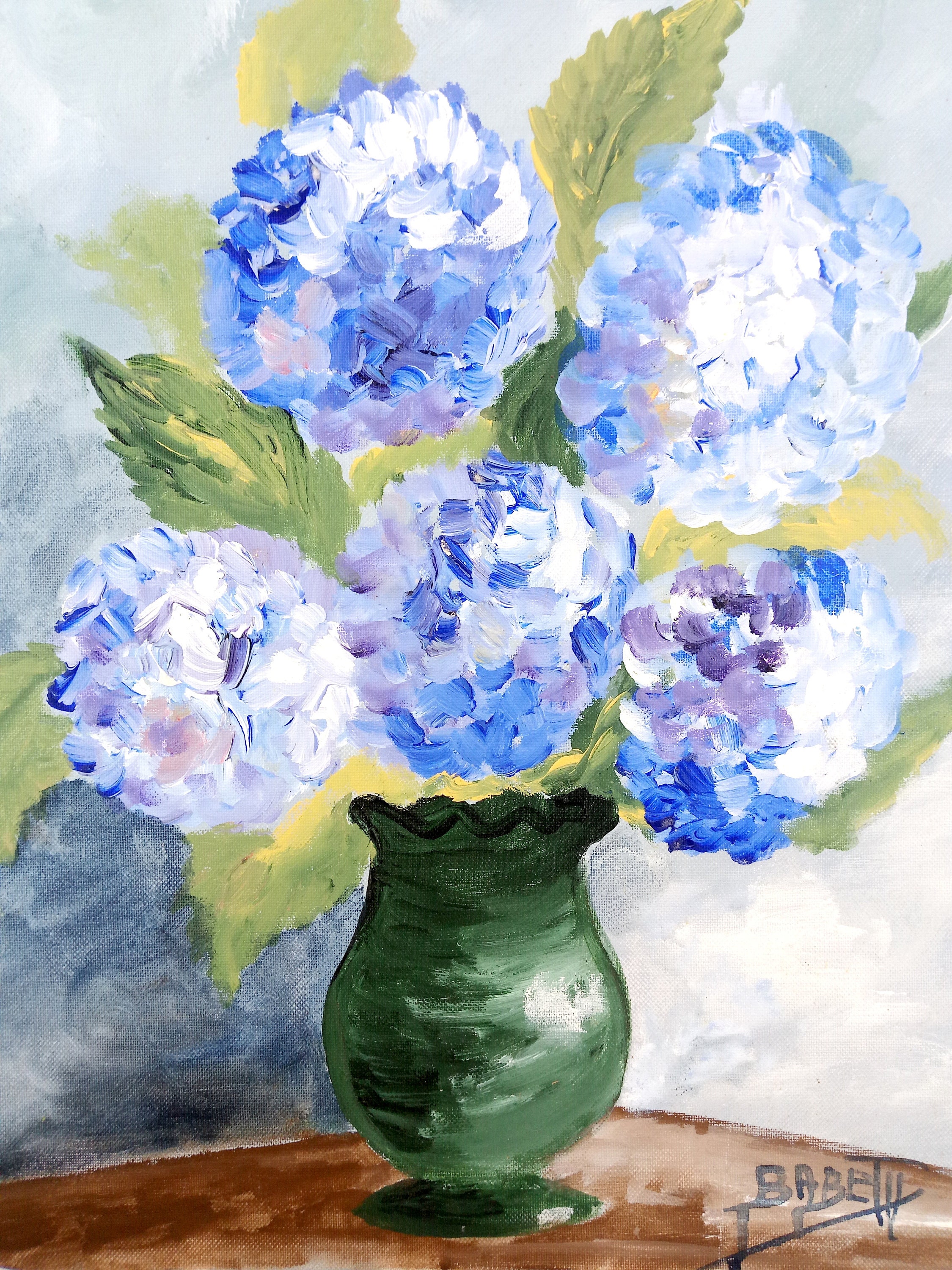 Français Paint Vintage , Painting On Board, Rectangular Blue & Green Color, Hydrangeas Flowers , Wal