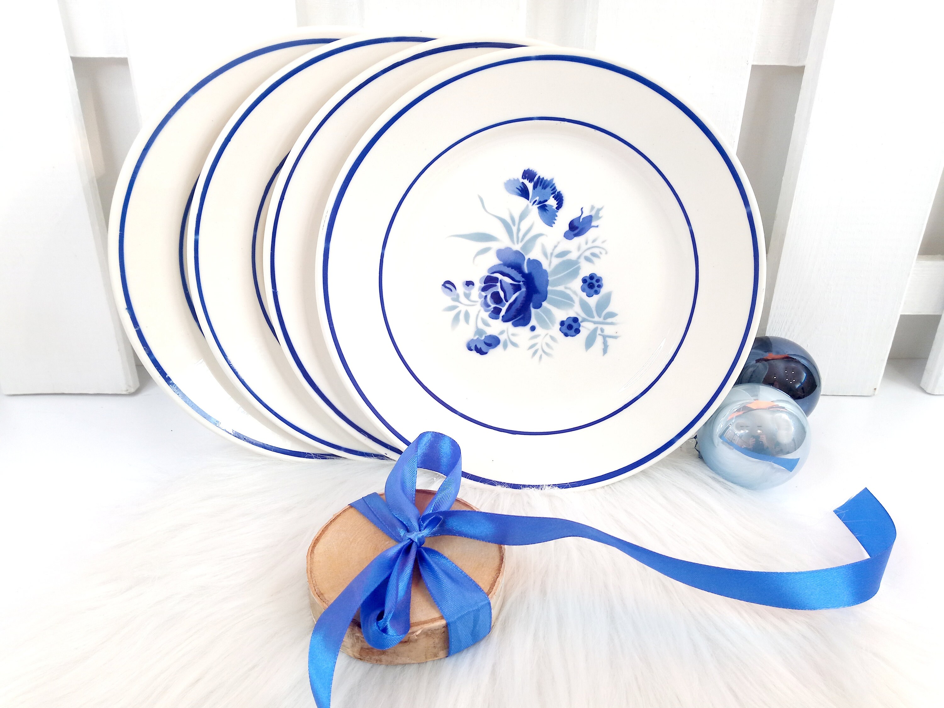 Français Plates French Vintage Flat Stamped Badonviller Meilham 4 Blue & White Assiettes Anciennes