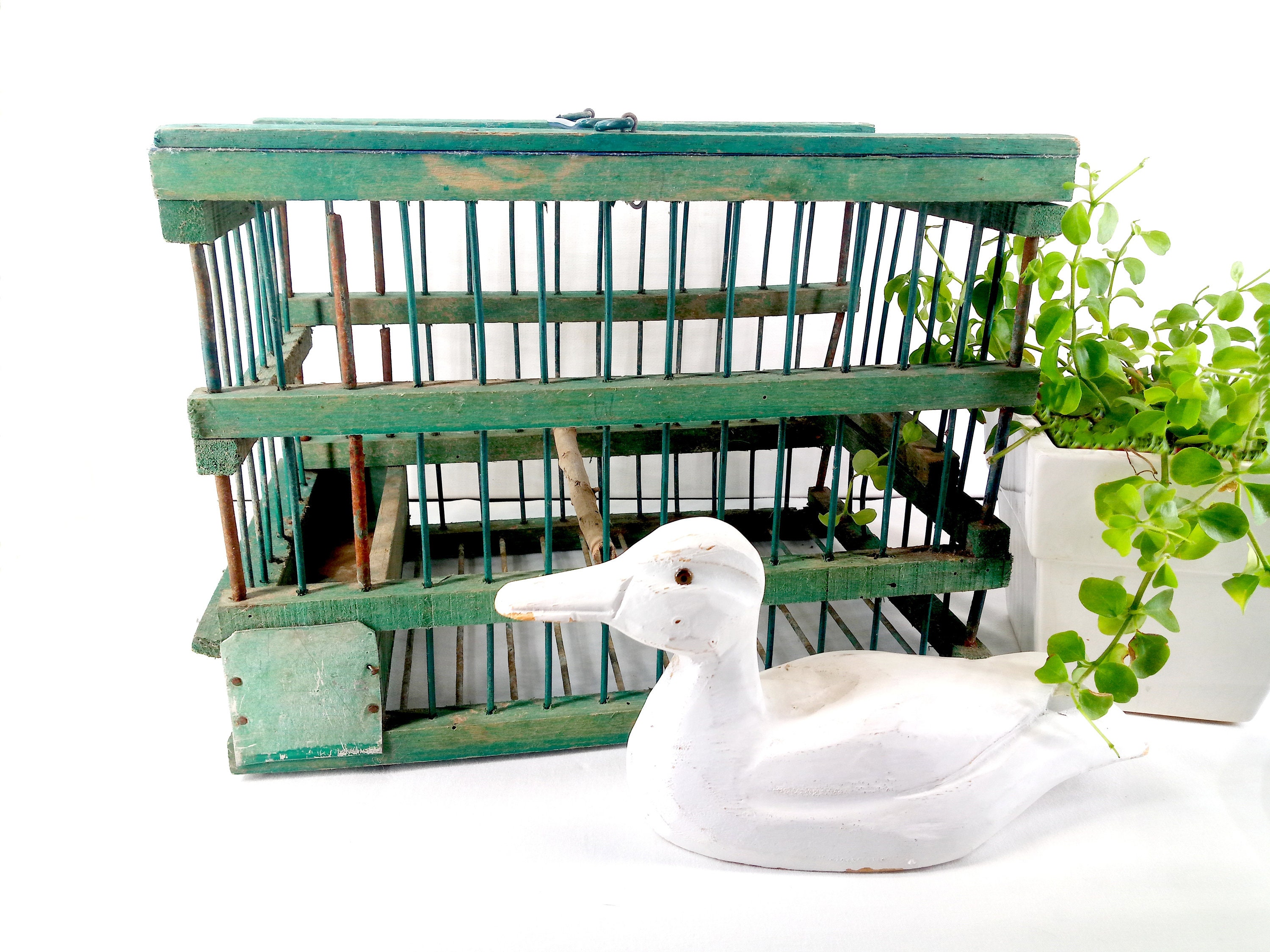 Antique Bird Cage, Wooden & Green Rectangular , Handmade , French Box For A Pretty Vintage Interior 