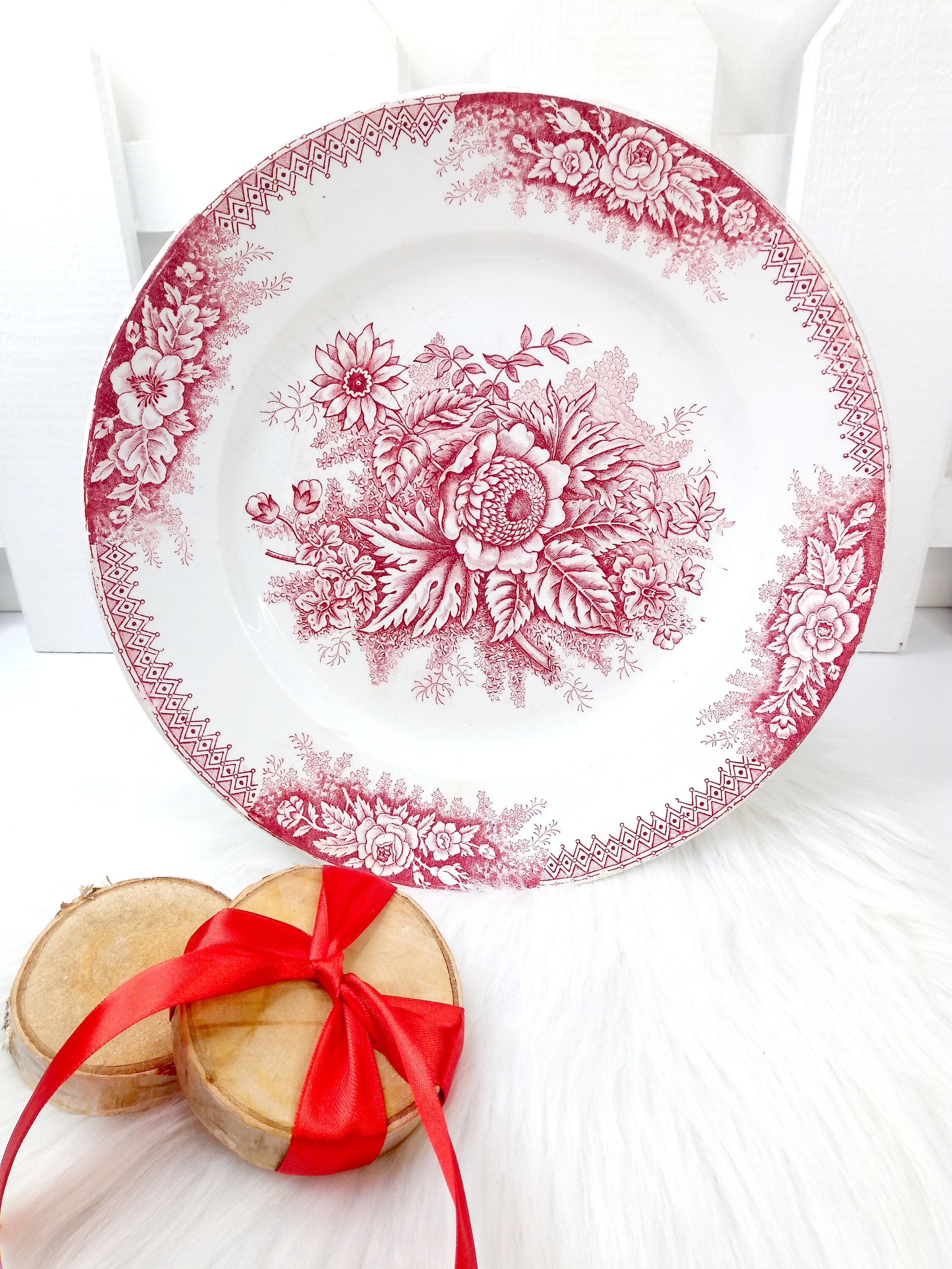 Antique Français Dish Vintage French Ironstone Round Stamped St Amand Hamage Dark Pink Ancien Plat