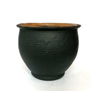 Vintage Handmade Black Clay Pot, Rustic Boho Decor with Sun Motif, Farmhouse Style.