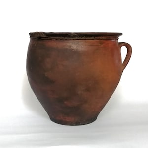 Antique terracotta clay vessel. Large vintage pot. Wabi sabi pottery cottage rustic jug.