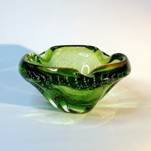 Green art glass sculpture vase. Vintage green small ashtray. Mid century modern decorative bowl.