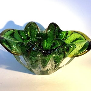 Vintage green glass bowl. Mid century modern handblown glass. Czech art glass vase