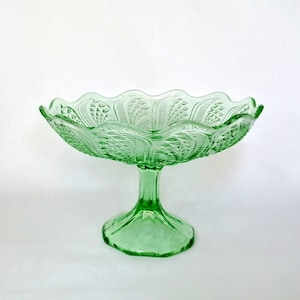 Vintage glass serving bowl. Light green glass cake stand. Large fruit  pedestal vase.