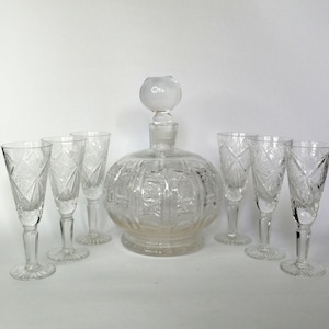 Mid-Century Art Deco Crystal Whiskey Decanter Set with Stemmed Glasses