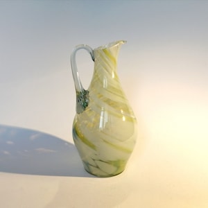 Vintage yellow white glass pitcher. Handblown cocktail carafe. Mid century yellow water jug.