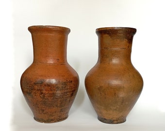 Set of two vintage clay terracotta vase. Wabi sabi pottery primitive vessels. Shabby chic Rustic decor.