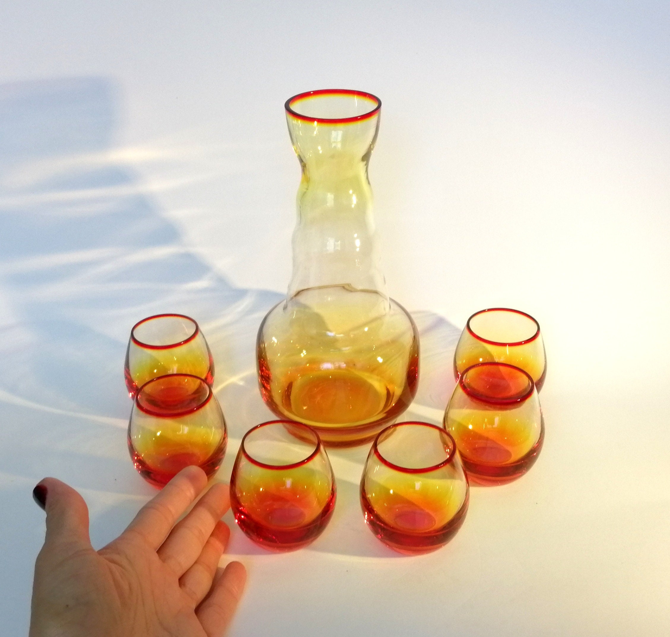 Amber hand blown glass decanter set. Vintage glass liqueur Etsy