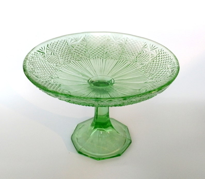 Light green glass cake stand. Large vintage pedestal fruit Etsy