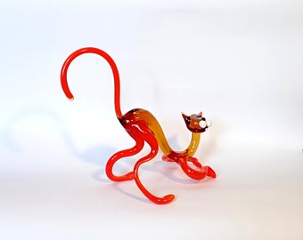 Big glass figurine orange cat. Cute art glass cat gift. Collectible hand made sculpture cat.