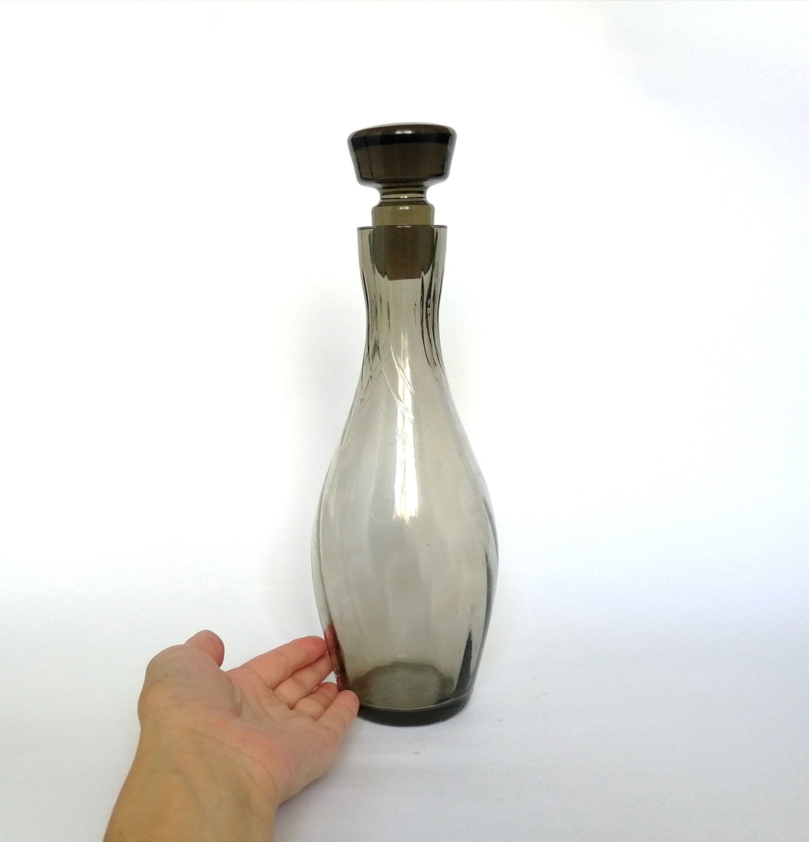 Black glass decanter with lid. Antique smoked glass bottle. Etsy