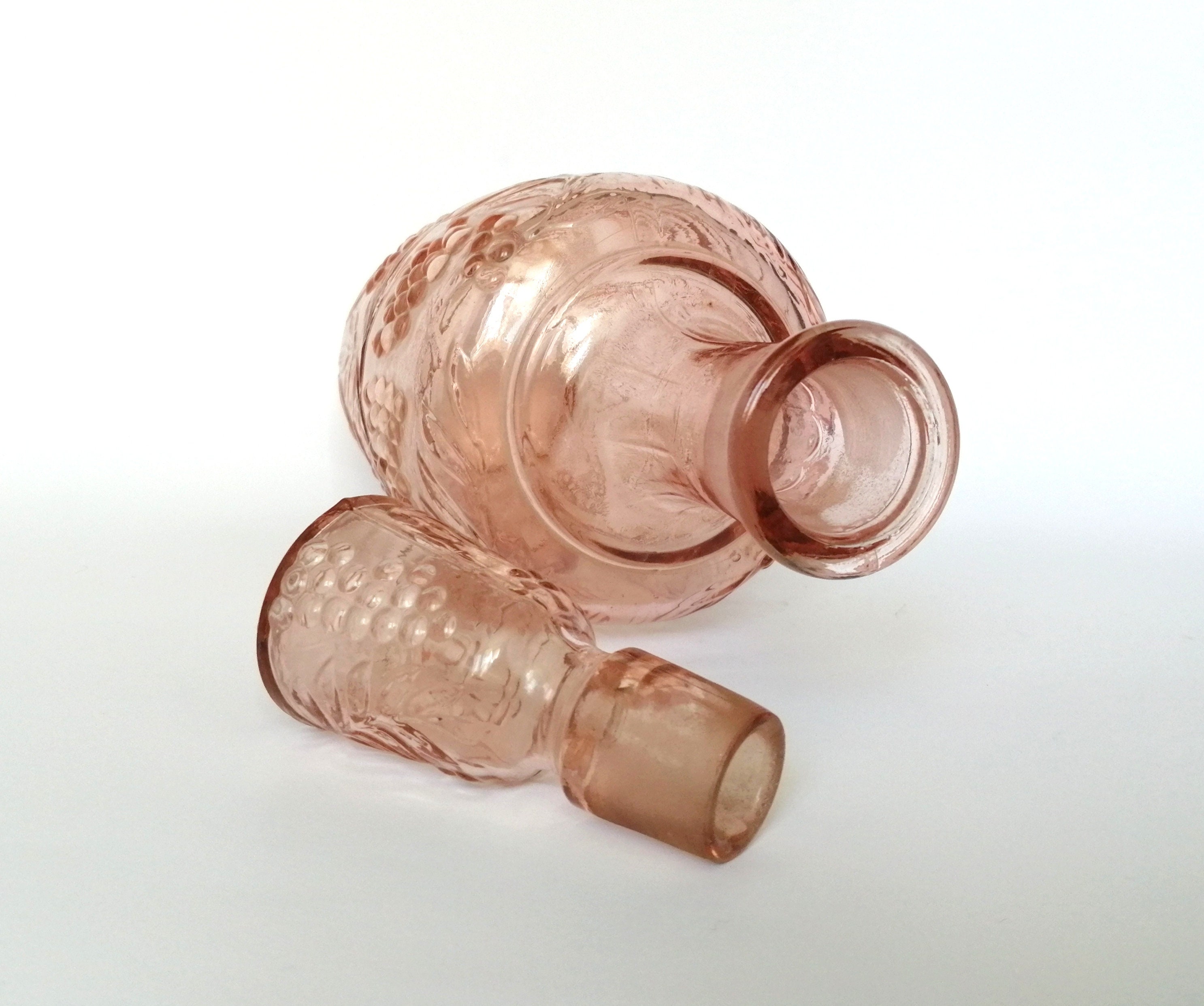 Vintage pink glass bottle with lid. Large antique wine Etsy