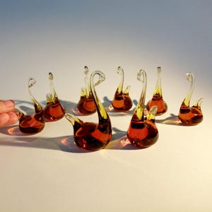 Handcrafted Amber Glass Swan Figurines: Elegant 1970s Home Decor, Set of 8