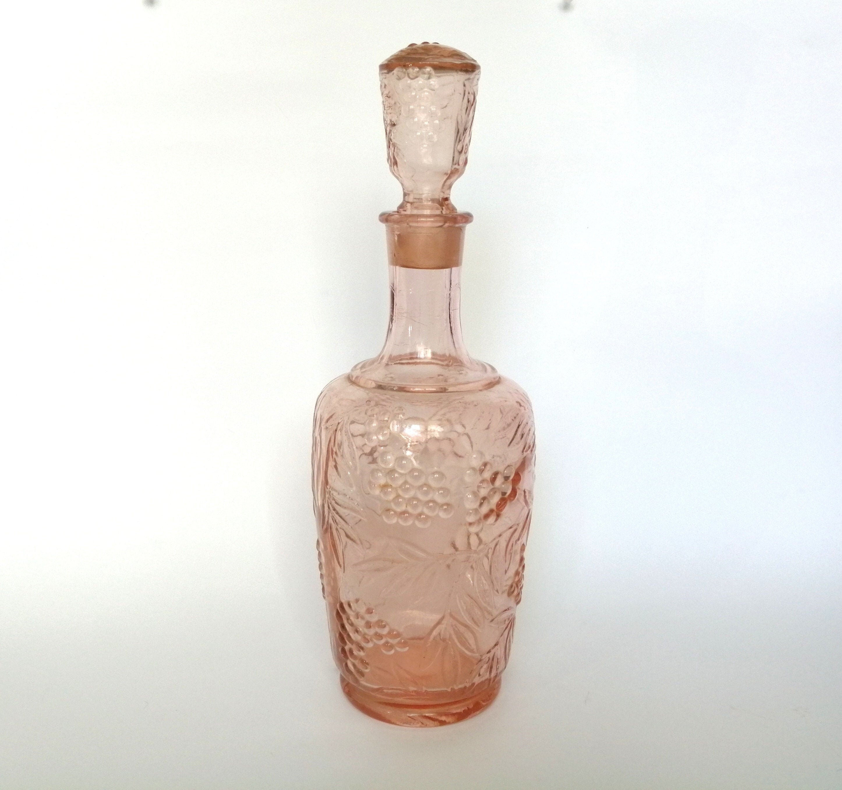 Vintage pink glass bottle with lid. Large antique wine Etsy