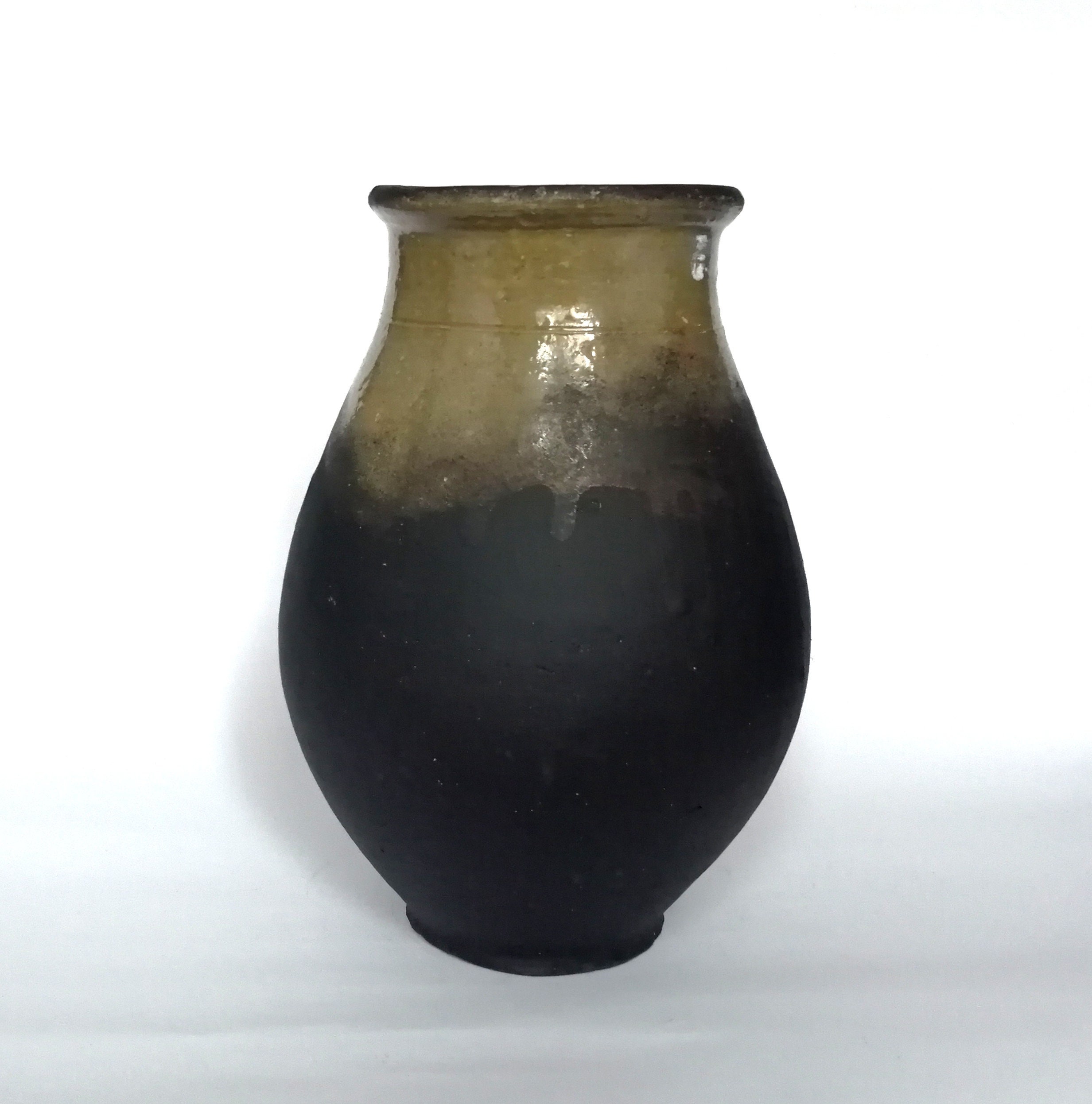 Tall rare black clay vase. Farm house rustic black pottery pot. Wabi