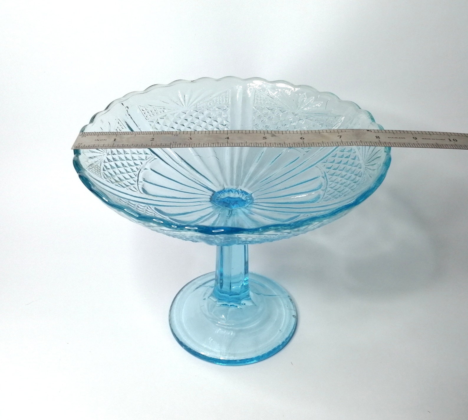 Vintage sky blue fruit bowl. Glass cake stand. Mid century Etsy