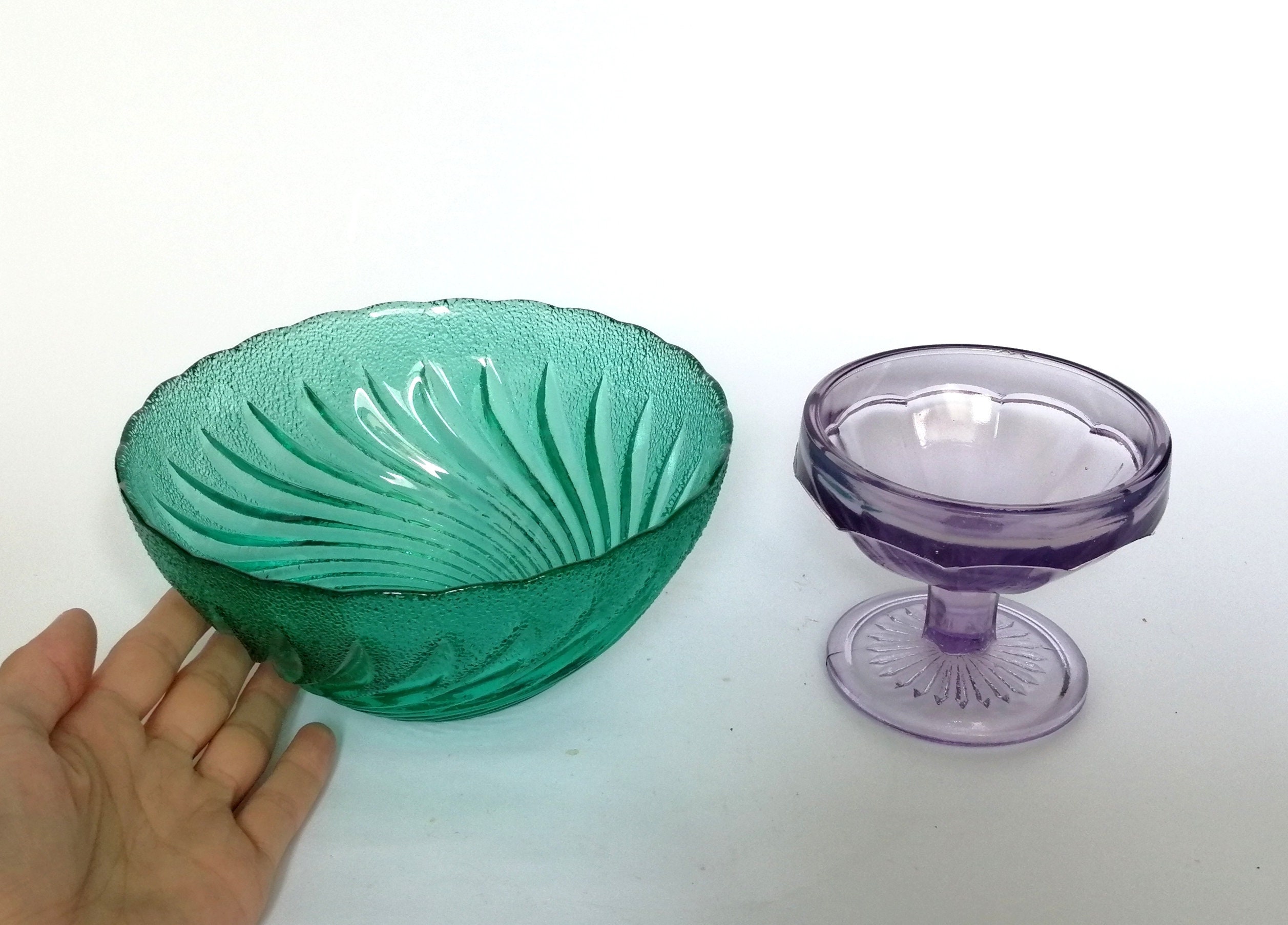 Mid century small candy bowls. Green amethyst glass bowl set. Etsy