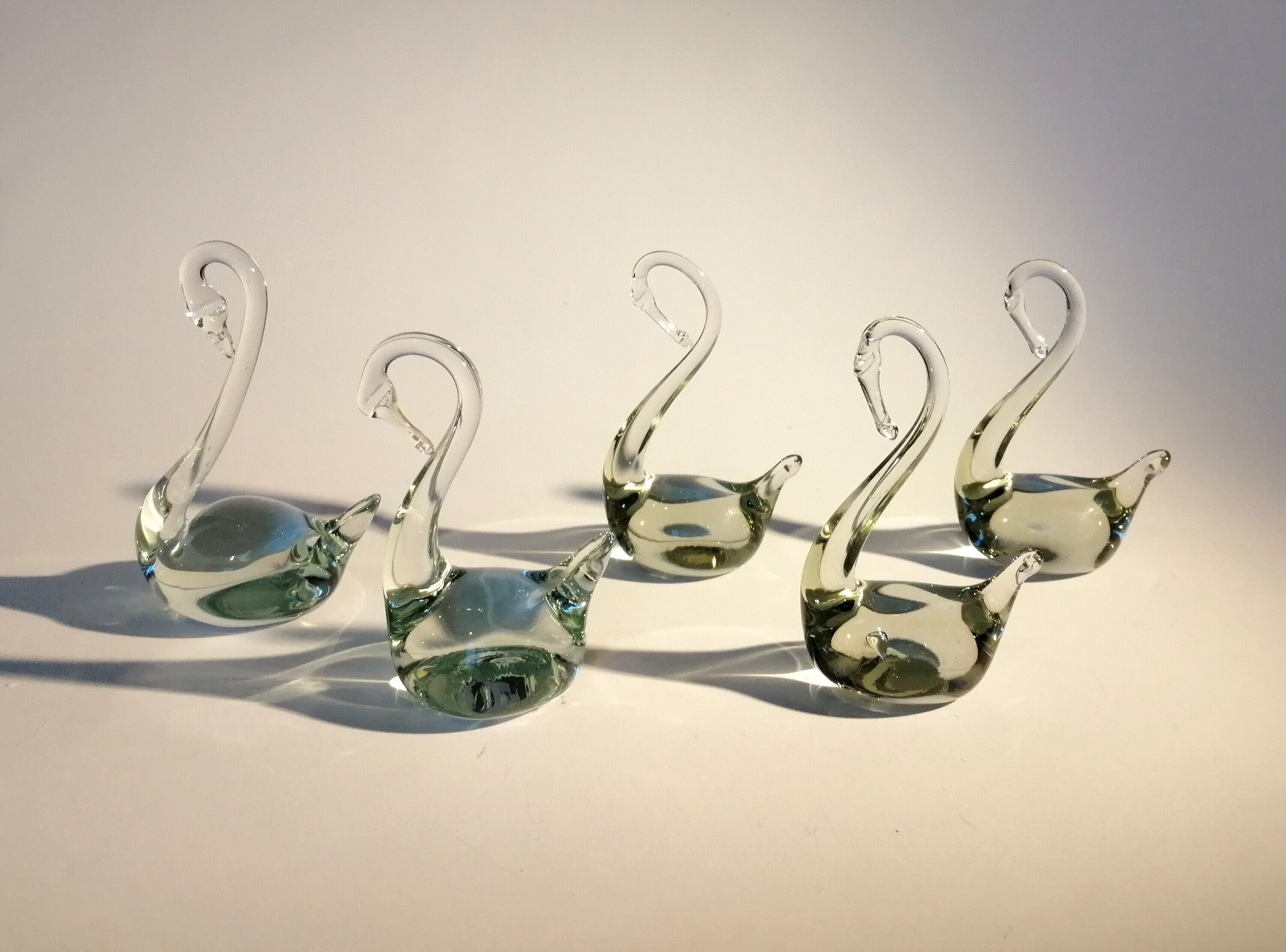 Set of five clear glass swan. Vintage glass bird figurines. Etsy