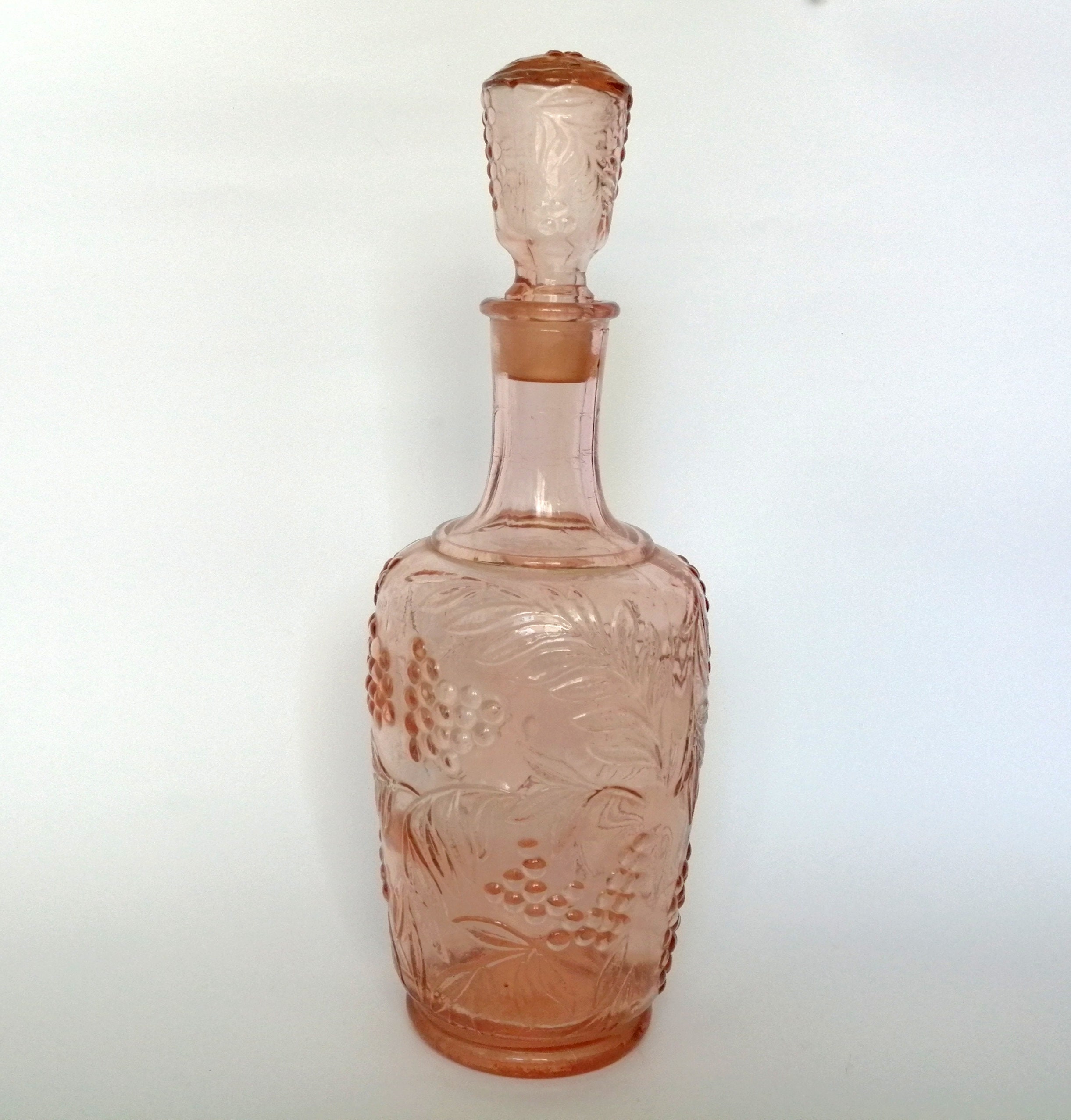 Vintage pink glass bottle with lid. Large antique wine Etsy