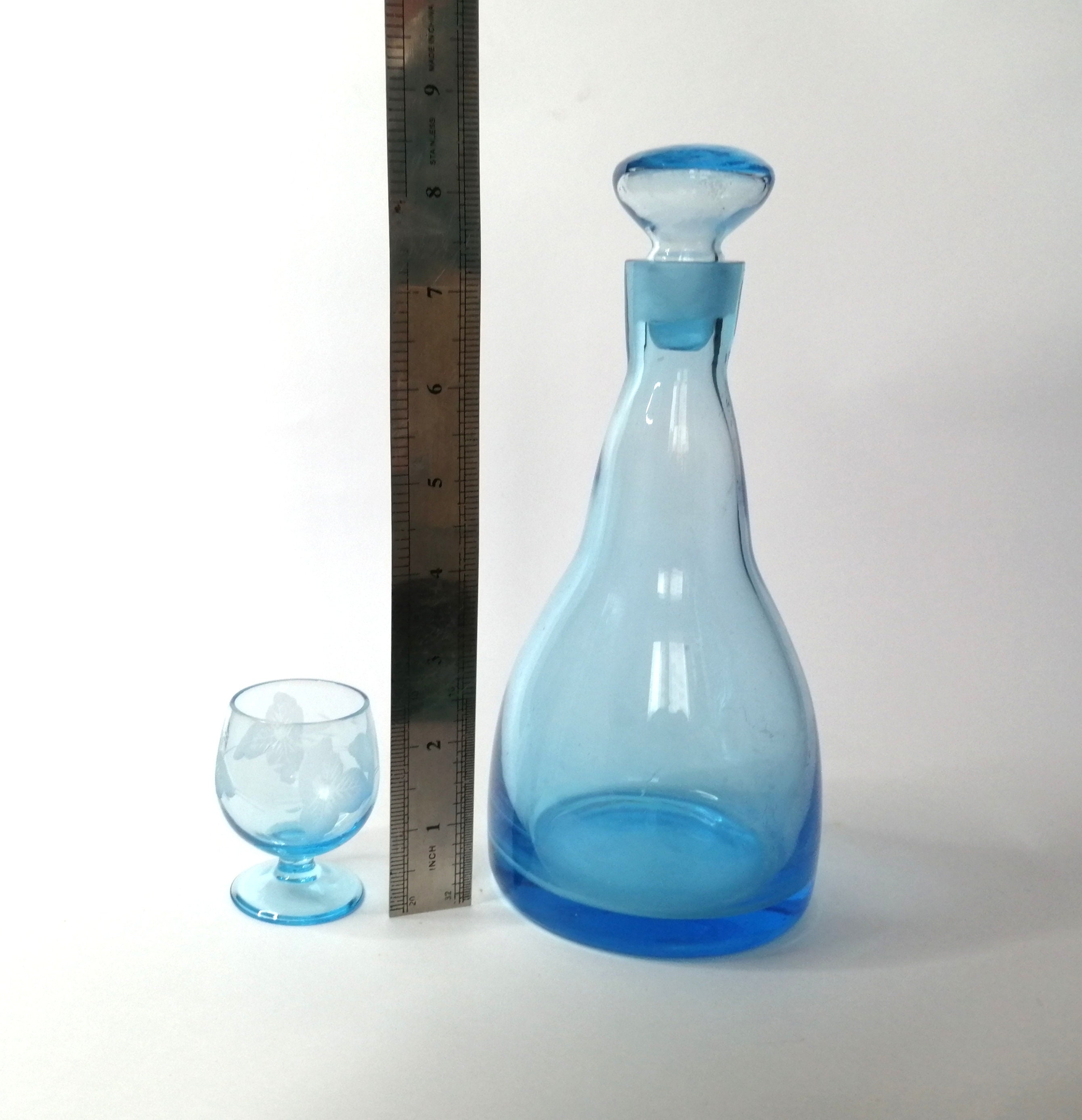 Mid century blue decanter set. Blue glass liqueur carafe and Etsy