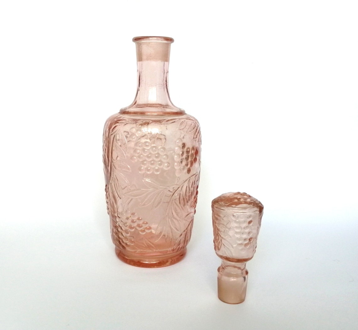Vintage pink glass bottle with lid. Large antique wine Etsy