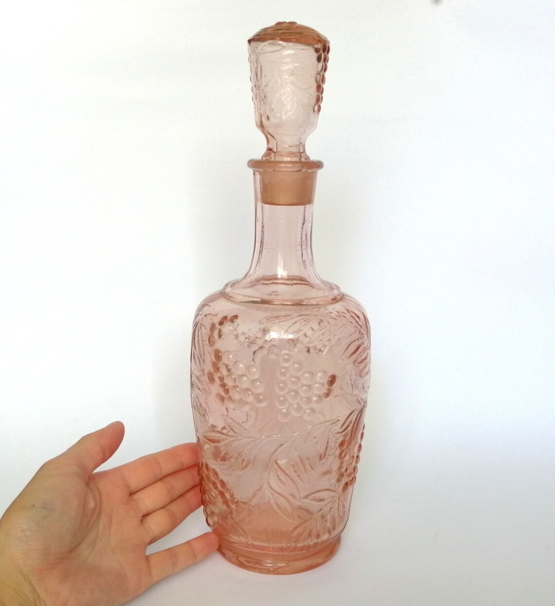 Vintage pink glass bottle with lid. Large antique wine Etsy