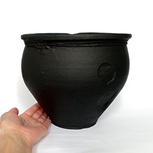 Large vintage black vase. Wabi sabi pottery primitive vessel. Gothic style.