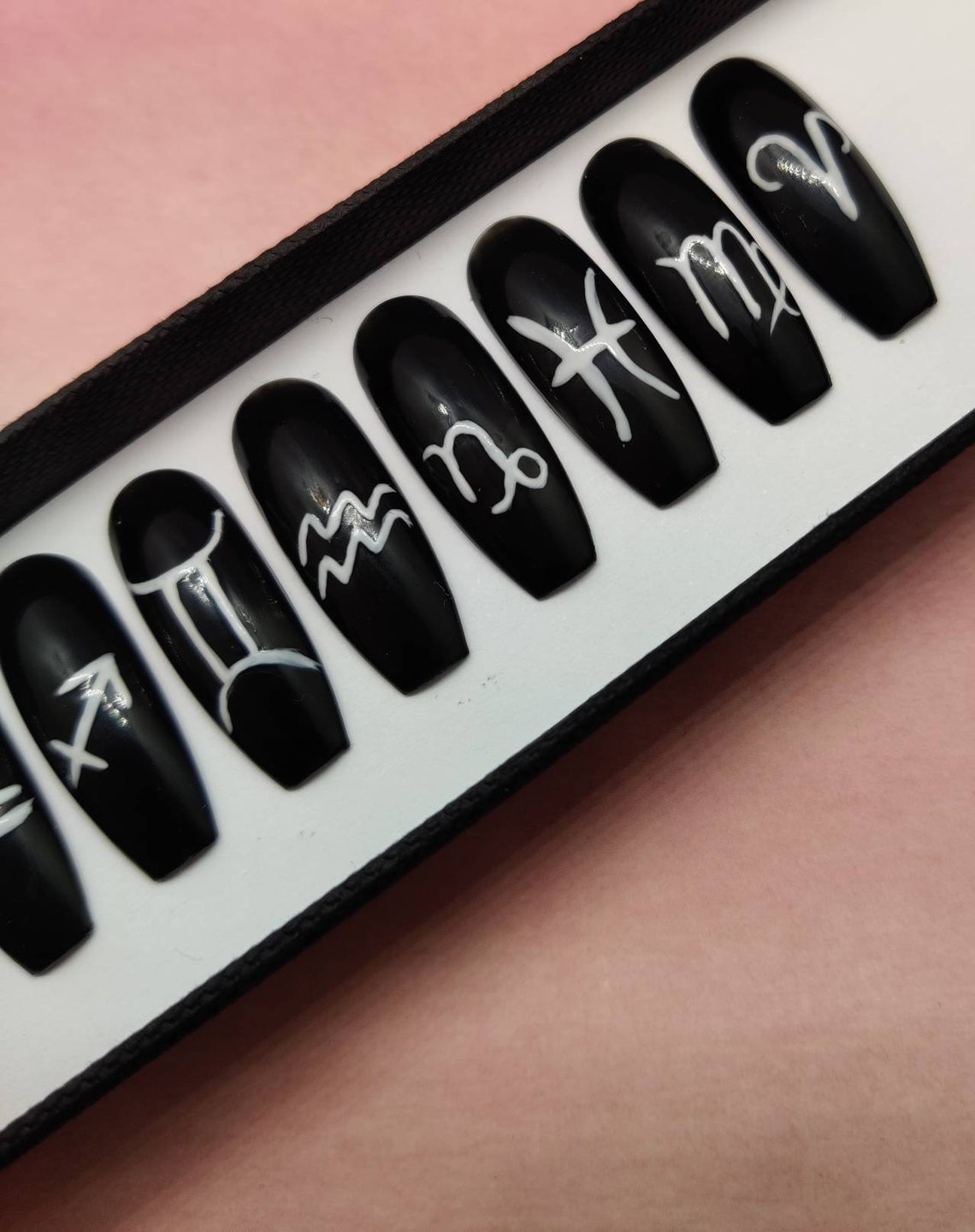 Zodiac Press On Nails Star Sign Fake Nails Long Black Etsy