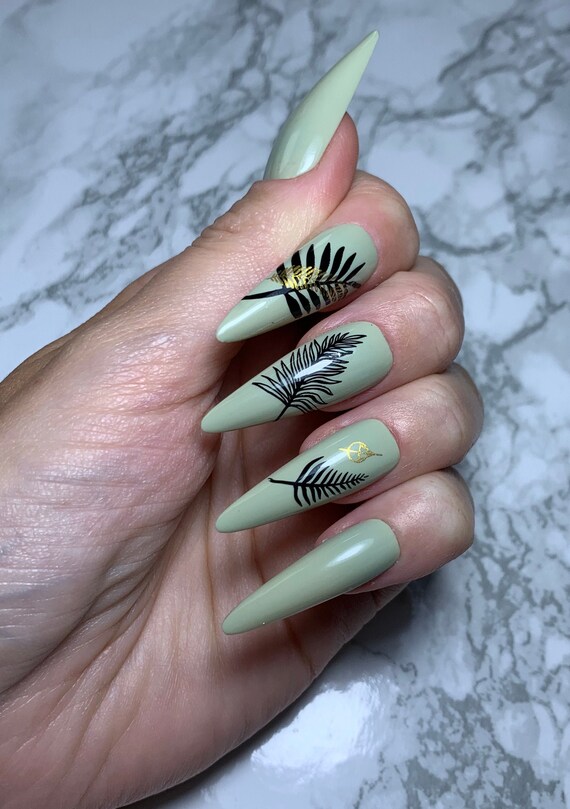 Sage Green Leaf Print Press On Nails Light Green Extra Long Etsy