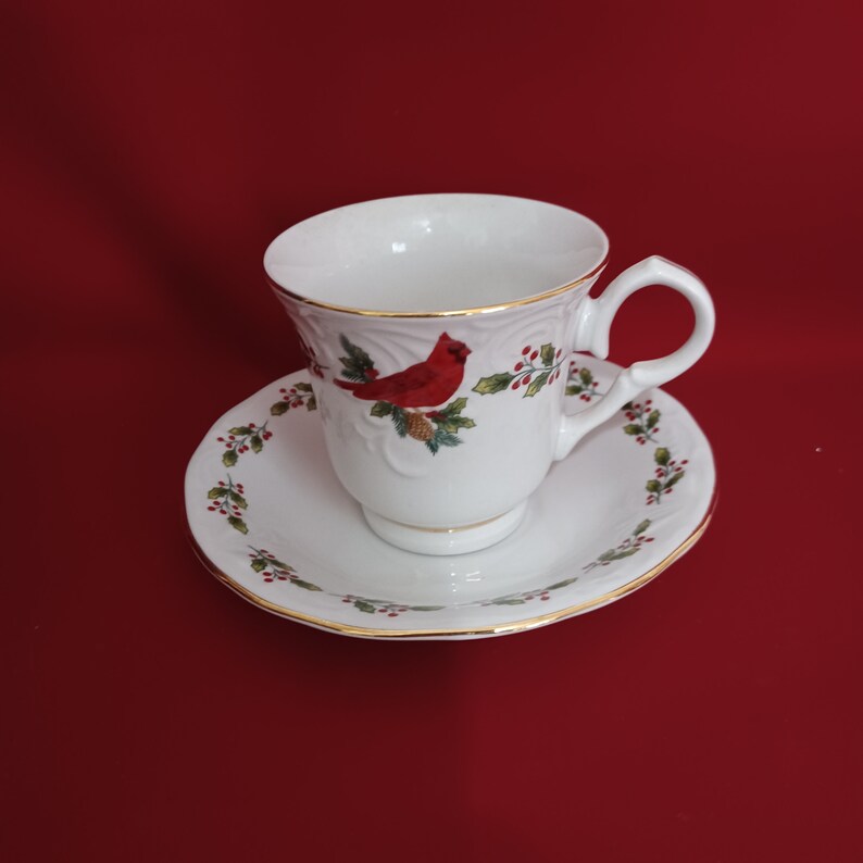 Gibson Holiday Cardinal Cup and Saucer Winter Bird Gold Trim Etsy