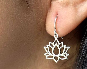 Handmade   Sterling Silver Lotus Dangle Earrings, Minimalist Boho Jewelry, Artisan Handmade (25mm)