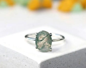 Moss Agate Engagement Ring, Oval Green Agate Ring, Natural Moss Agate Sterling Silver Ring, Nature Inspired Minimalist Jewelry, Gift for Her