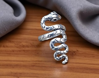 Sterling Silver Snake Ring In Adjustable Serpent Wrap, Gothic Boho Jewelry