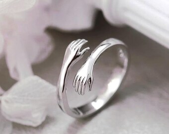 Sterling Silver Hug Ring, Open Hands Ring, Adjustable Band, Dainty Hand Jewelry, Minimalist Boho Ring, Meaningful Gift for Her