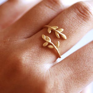 Può includere: Un anello aperto color oro caratterizzato da due rami delicati e simmetrici con piccole foglie lisce. La fascia è progettata per avvolgersi attorno al dito, con le due estremità a forma di foglia che si incontrano al centro dell'anello.