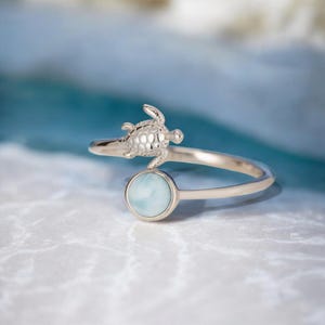 Op de afbeelding: Een zilveren ring met een blauwe edelsteen en een schildpadbedel. De ring is ontworpen om aan de duim of vinger te worden gedragen.