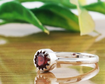 Personalized  Garnet Sterling Silver Ring, January Birthstone Minimalist Jewelry For Women