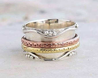 Dreifarbiger Spinnerring aus Sterlingsilber, handgefertigtes Fidget-Armband, Meditationsschmuck
