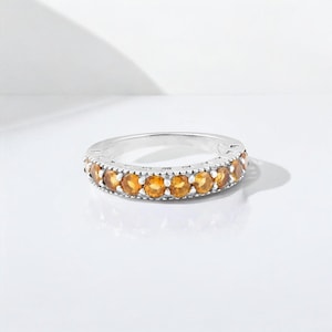 Yellow Citrine Half Eternity Band Rings-Sterling Silver Band-Citrine Wedding Band-November Birthstone Ring-Womens Stacking Ring-Gift For her