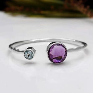 Natural Amethyst & Blue Topaz Cuff Bangle. Multi Gemstone Bangle, Birthstone Jewelry, Silver Adjustable Jewelry, Open Cuff Bangle, Mom Gifts