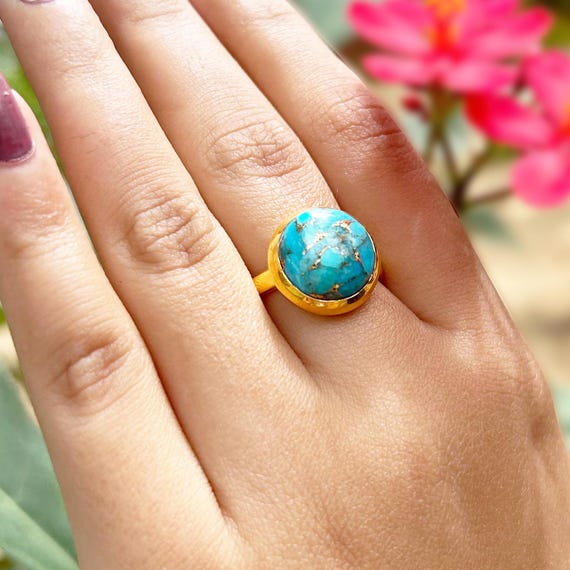 Blue Copper Turquoise Ring 925 Sterling Silver, Gold Plated