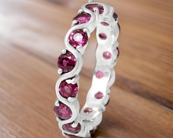 Unique Natural Rhodolite Garnet Eternity Band Ring, 925 Sterling Silver Zig Zag Ring, January Birthstone Jewelry, Wedding Ring For Women