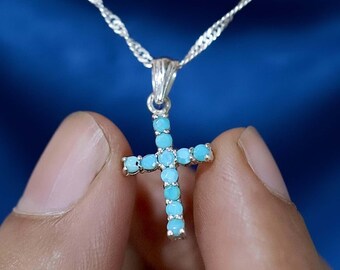 Handmade   Sterling Silver Turquoise Cross Pendant Necklace, Minimalist Religious Jewelry (30mm)