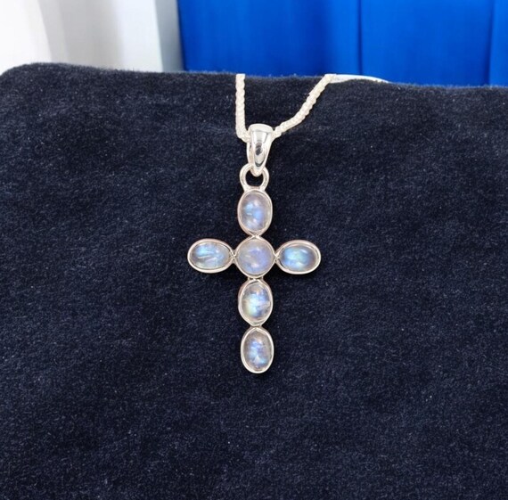 Croix Pendentif En Argent 925 Avec Tanzanite Et Pierre De Lune - Fait Main, Inde