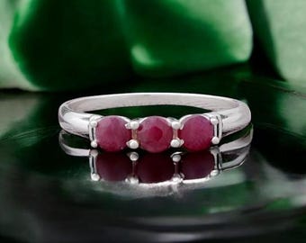 Three Natural Ruby Silver Ring, 925 Silver Engagement Ring, July Birthstone Ring, Minimalist Stackable Promise Ring, Bridal Gift for Her