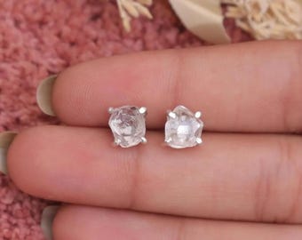 Raw Herkimer Diamond Sterling Silver Stud Earrings, Boho Minimalist Jewelry, Gr Silver Jewelry