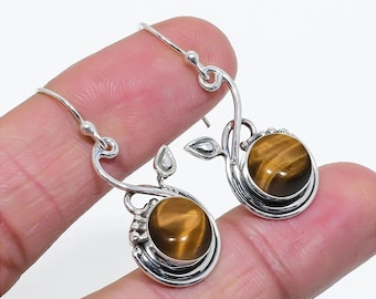 Handmade Sterling Silver Tiger Eye Leaf Earrings, Boho Drop Jewelry, Gr Silver Jewelry