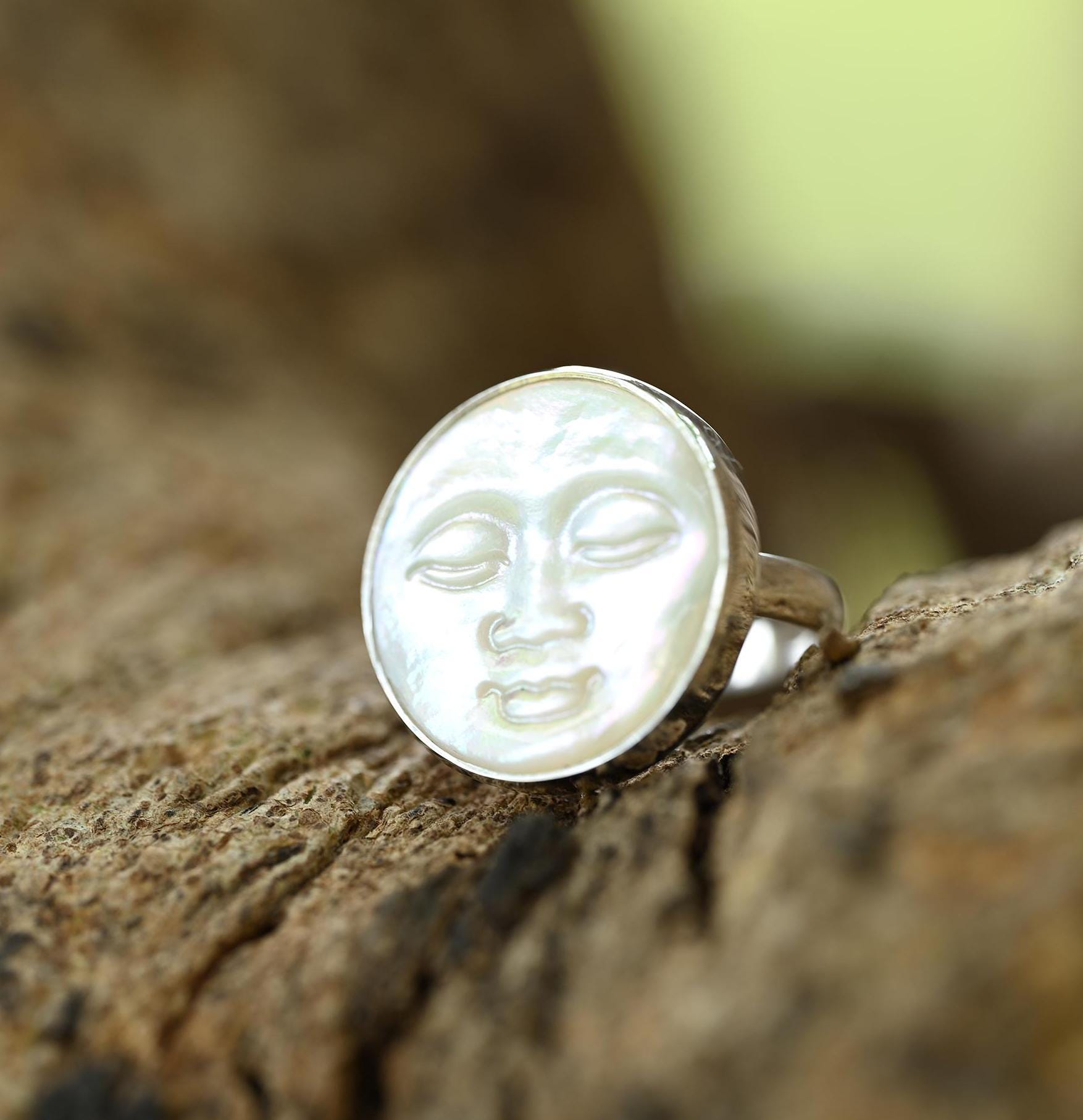 Naturperle Mond Gesicht Ring 925 Sterling Silber Göttin Schmuck