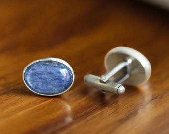 Blue Kyanite Sterling Silver Cufflinks, Oval Gemstone Wedding Gift for Men